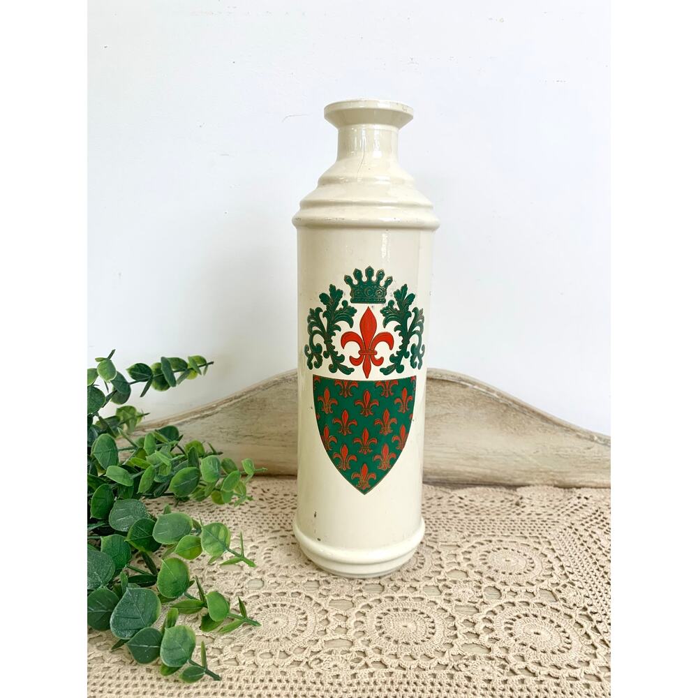 Vintage Old Fitzgerald Fleur de Lis Bottle Glass Jar Vase Crest Motif Decanter